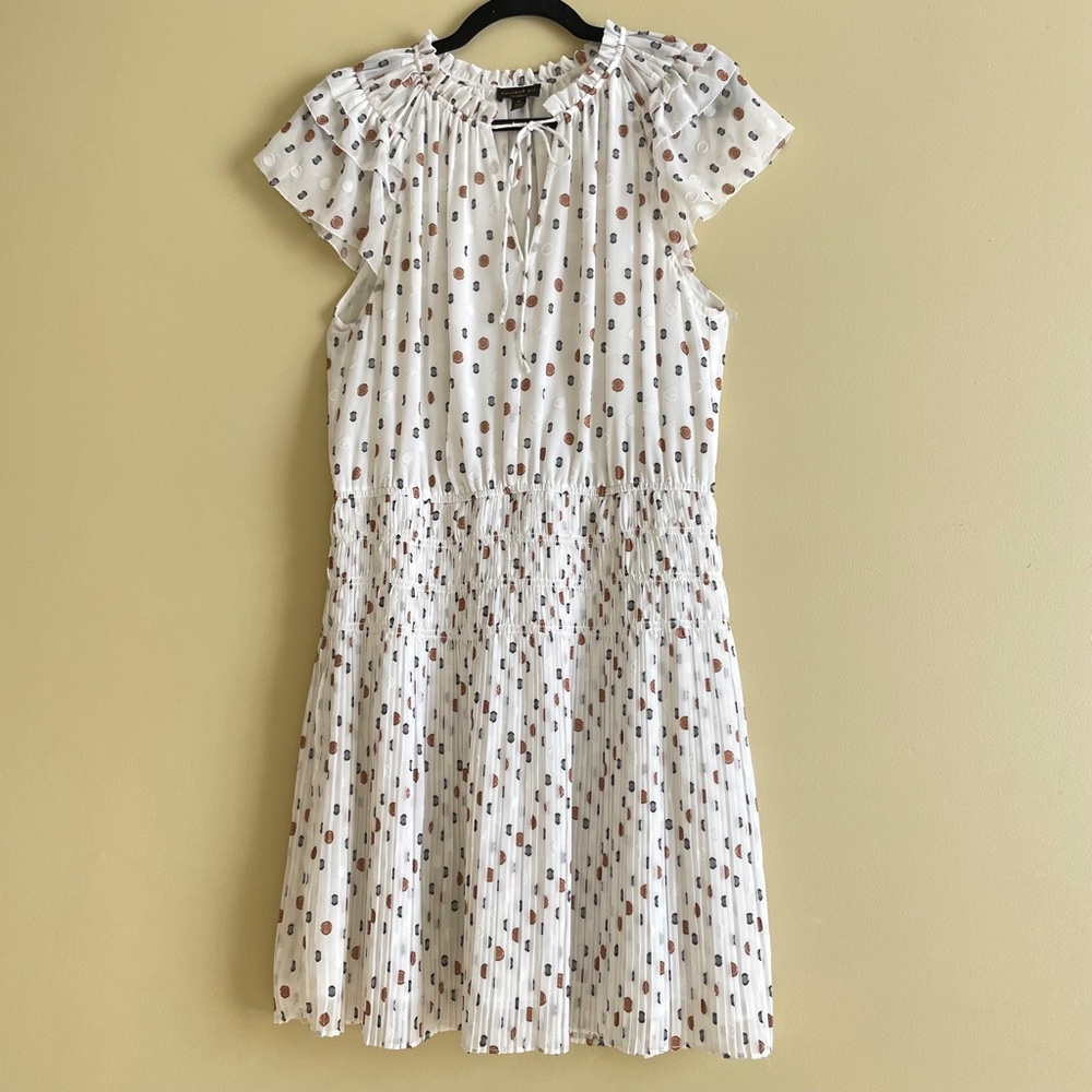 Anthro Current Air Pleated Women Medium Dress Smoked Waist Cottage Clip Dot - Picture 2 of 14